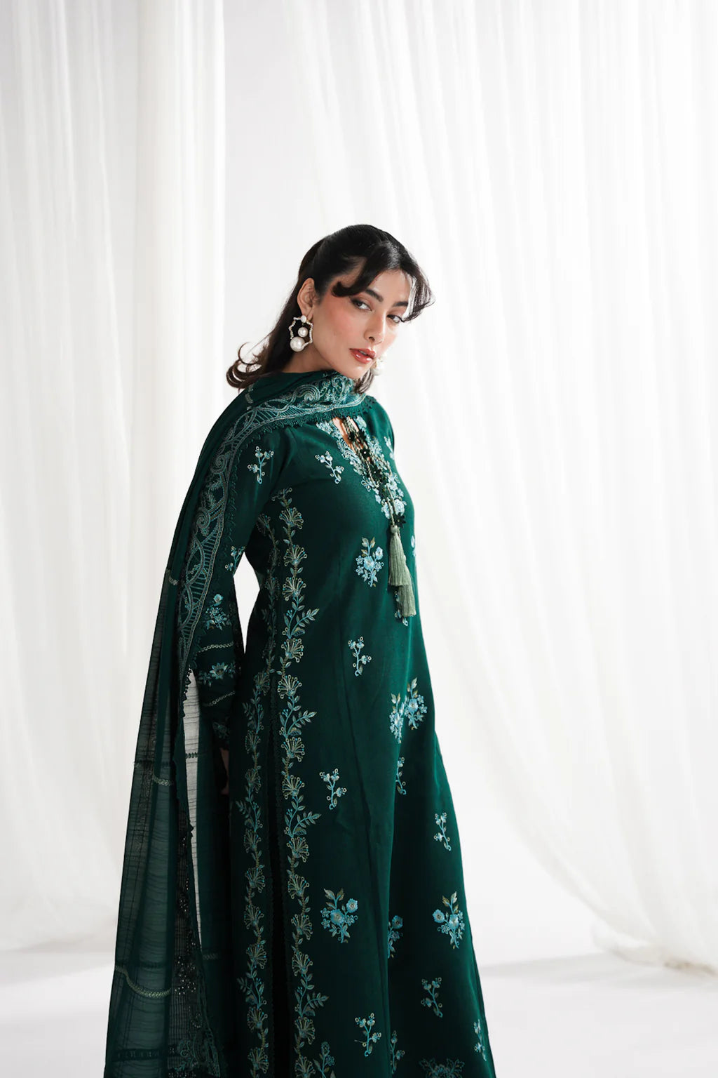 GARNET-3PC DHANAK EMBROIDERED SHIRT WITH DHANAK EMBROIDERED SHAWL & TROUSER-UR-4056