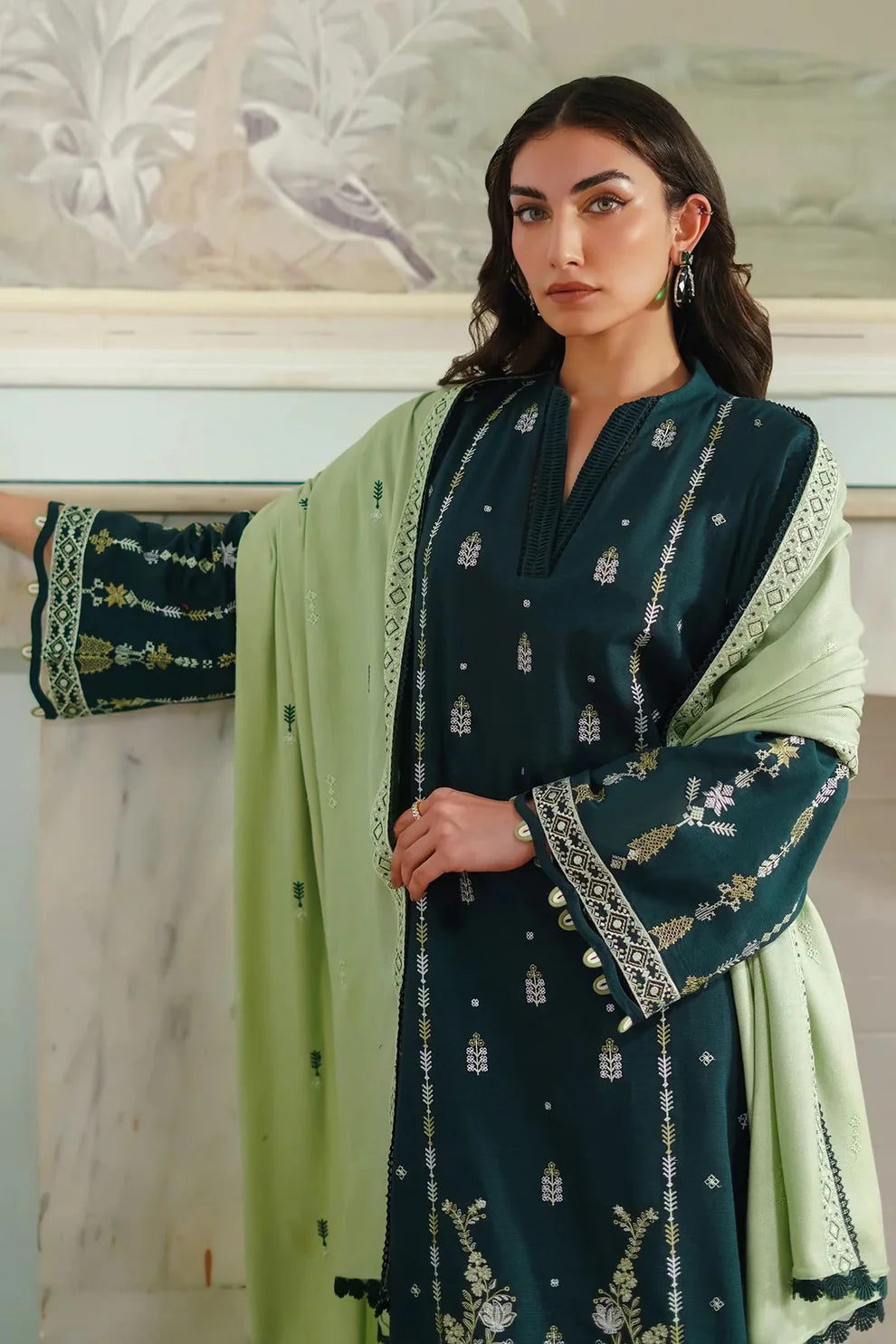 BATIK-3PC DHANAK EMBROIDERED SHIRT WITH DHANAK EMBROIDERED SHAWL & TROUSER-UR-3821