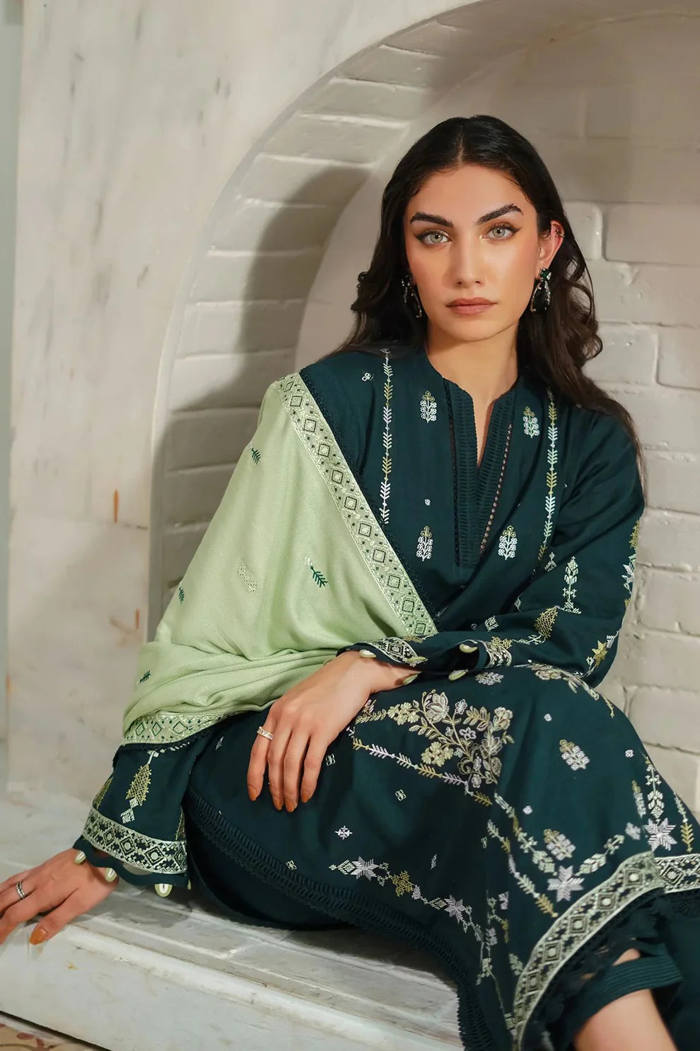 BATIK-3PC DHANAK EMBROIDERED SHIRT WITH DHANAK EMBROIDERED SHAWL & TROUSER-UR-3821