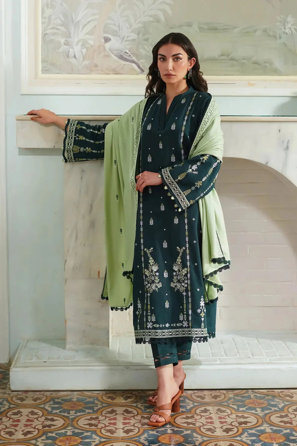 BATIK-3PC DHANAK EMBROIDERED SHIRT WITH DHANAK EMBROIDERED SHAWL & TROUSER-UR-3821