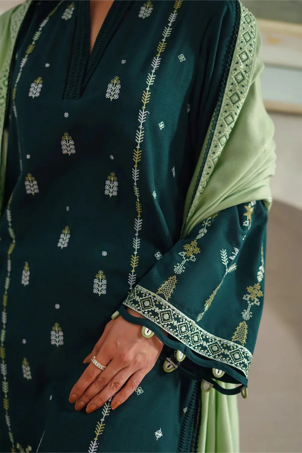 BATIK-3PC DHANAK EMBROIDERED SHIRT WITH DHANAK EMBROIDERED SHAWL & TROUSER-UR-3821