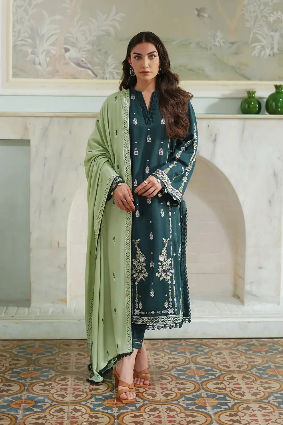 BATIK-3PC DHANAK EMBROIDERED SHIRT WITH DHANAK EMBROIDERED SHAWL & TROUSER-UR-3821