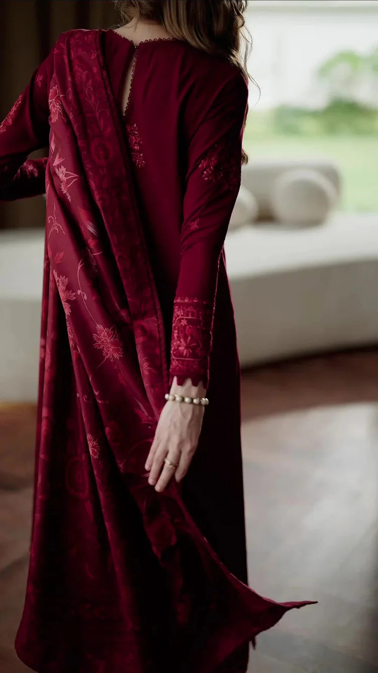 BATIK-3PC DHANAK EMBROIDERED SHIRT WITH COURTRAI PRINTED SHAWL & TROUSER-UR-4089