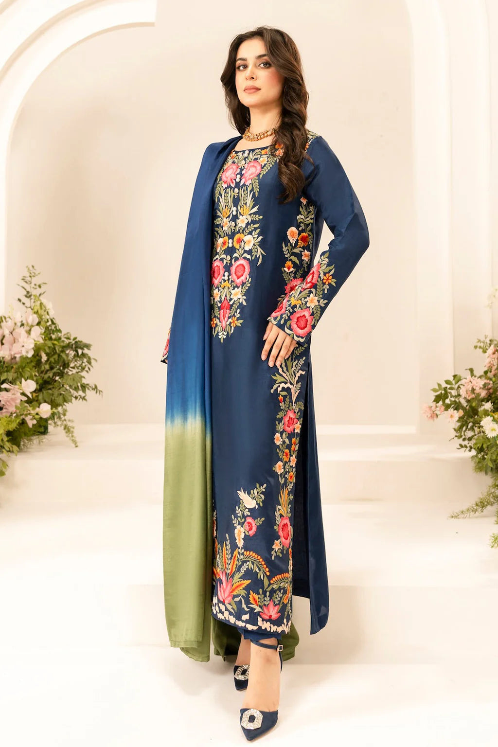 MIRANA-3PC LAWN EMBROIDERED SHIRT WITH CHIFFON TYE & DYE DUPATTA & TROUSER-UR-3546