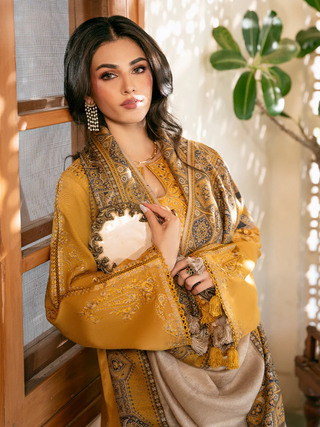 IZEL-3PC DHANAK EMBROIDERED SHIRT WITH COURTRAI PRINTED SHAWL & TROUSER-UR-4568