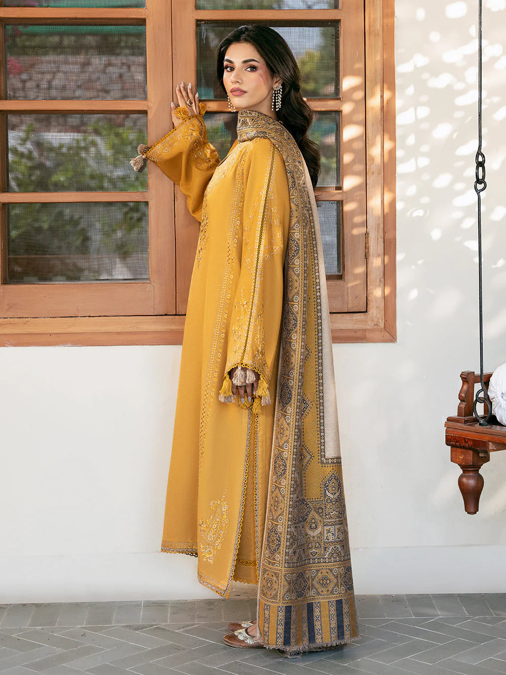 IZEL-3PC DHANAK EMBROIDERED SHIRT WITH COURTRAI PRINTED SHAWL & TROUSER-UR-4568