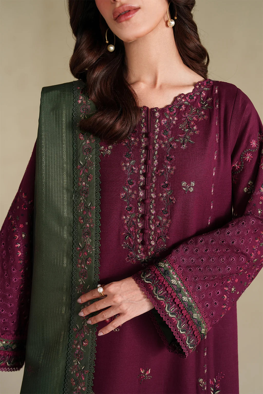 IZNIK-3PC DHANAK EMBROIDERED SHIRT WITH DHANAK EMBROIDERED SHAWL AND TROUSER-UR-4618
