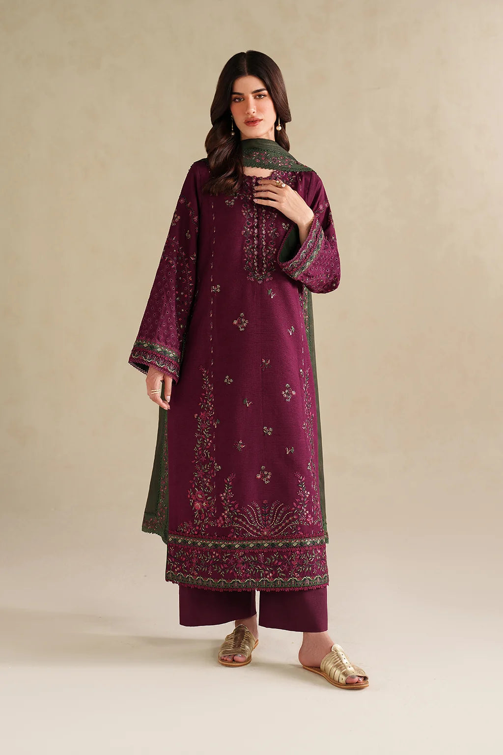 IZNIK-3PC DHANAK EMBROIDERED SHIRT WITH DHANAK EMBROIDERED SHAWL AND TROUSER-UR-4618