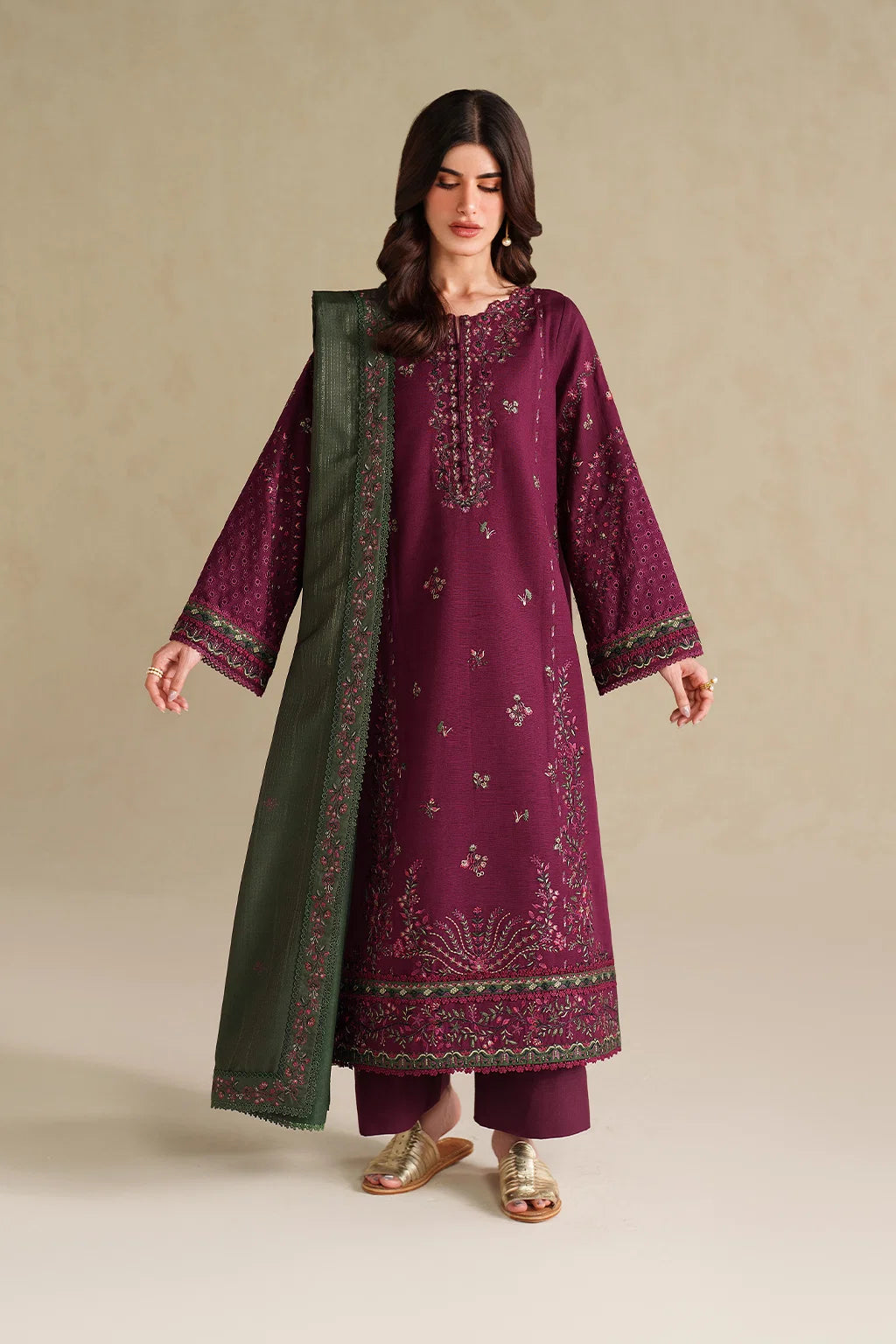 IZNIK-3PC DHANAK EMBROIDERED SHIRT WITH DHANAK EMBROIDERED SHAWL AND TROUSER-UR-4618