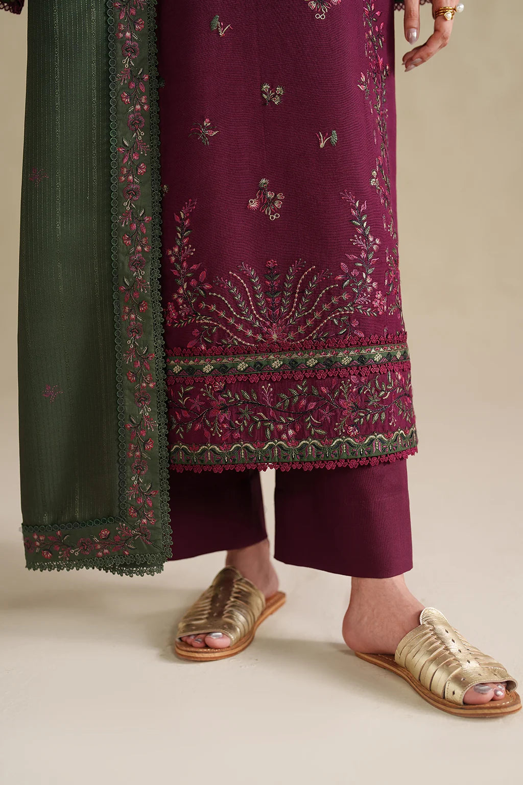 IZNIK-3PC DHANAK EMBROIDERED SHIRT WITH DHANAK EMBROIDERED SHAWL AND TROUSER-UR-4618