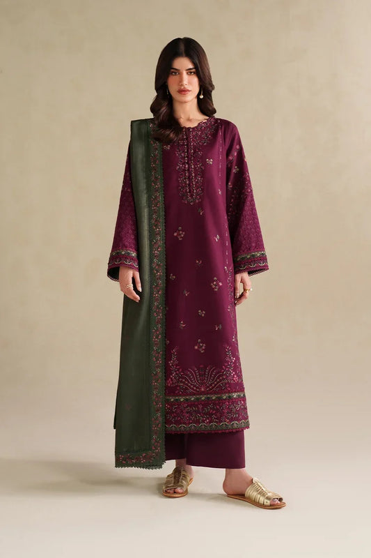 IZNIK-3PC DHANAK EMBROIDERED SHIRT WITH DHANAK EMBROIDERED SHAWL AND TROUSER-UR-4618