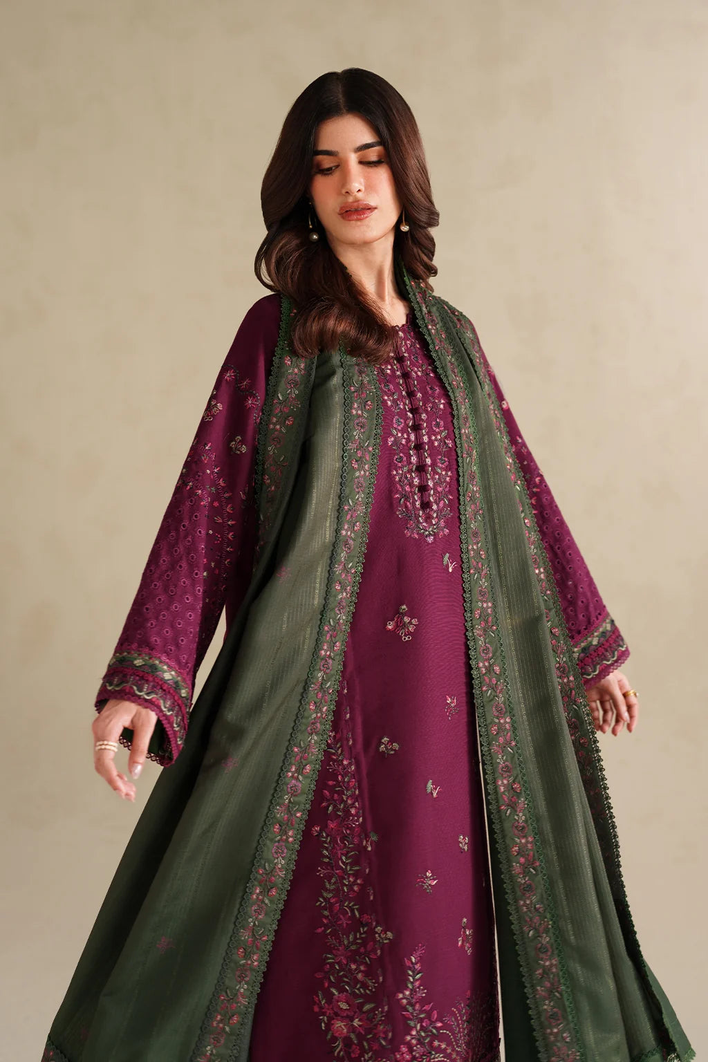 IZNIK-3PC DHANAK EMBROIDERED SHIRT WITH DHANAK EMBROIDERED SHAWL AND TROUSER-UR-4618