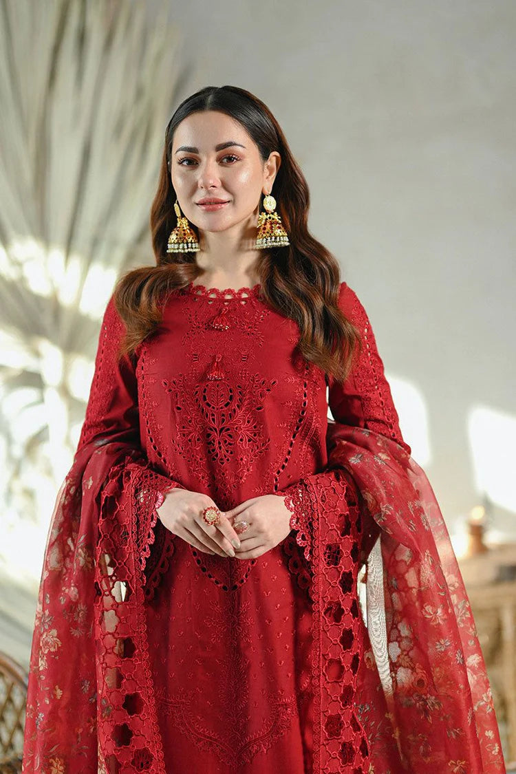 QALAMQAR-3PC LAWN CHIKAANKARI EMBROIDERED SHIRT WITH CHIFFON PRINTED EMB DUPATTA AND TROUSER-UR-3613
