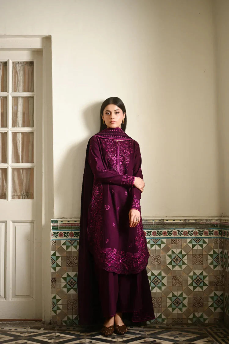 ZAIB-3PC KARANDI EMBROIDERED SHIRT WITH KARANDI EMBROIDERED SHAWL AND TROUSER-UR-4480